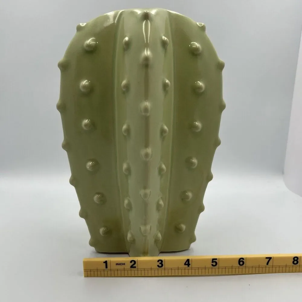 Ceramic Cactus Vase Sage Green Spiky Textured Boho Decor Glossy 9.4in Tall